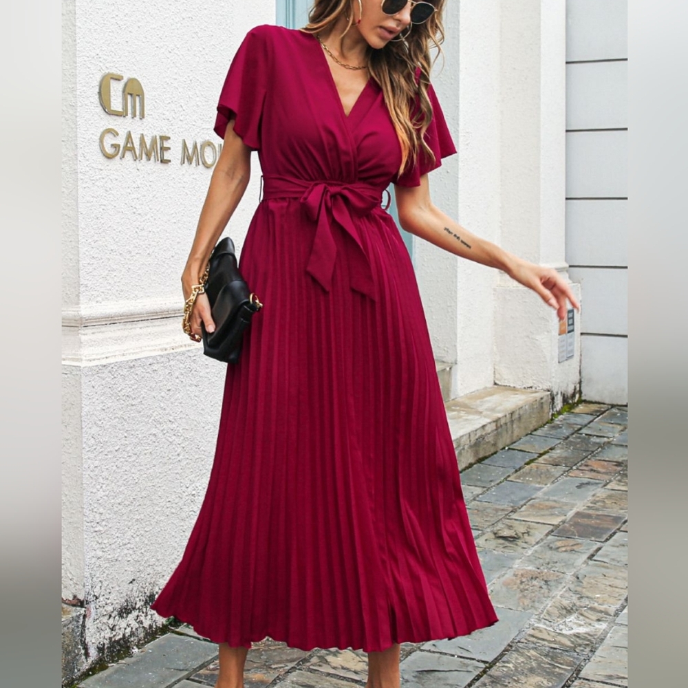 Wine Belted Surplice Midi Dress - Picture 4 of 9